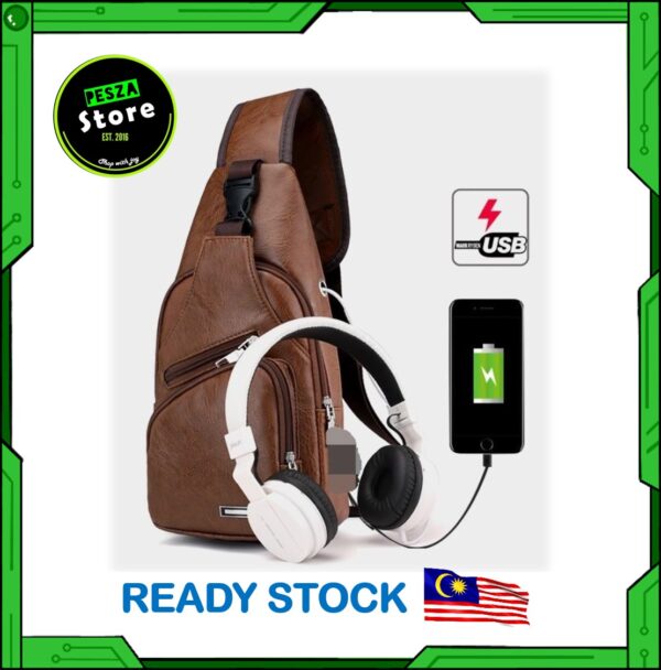 PESZA USB Charger PU Leather Men Waist Bag Sling Bag Sport Mobile Phone Bag Beg Kulit Lelaki