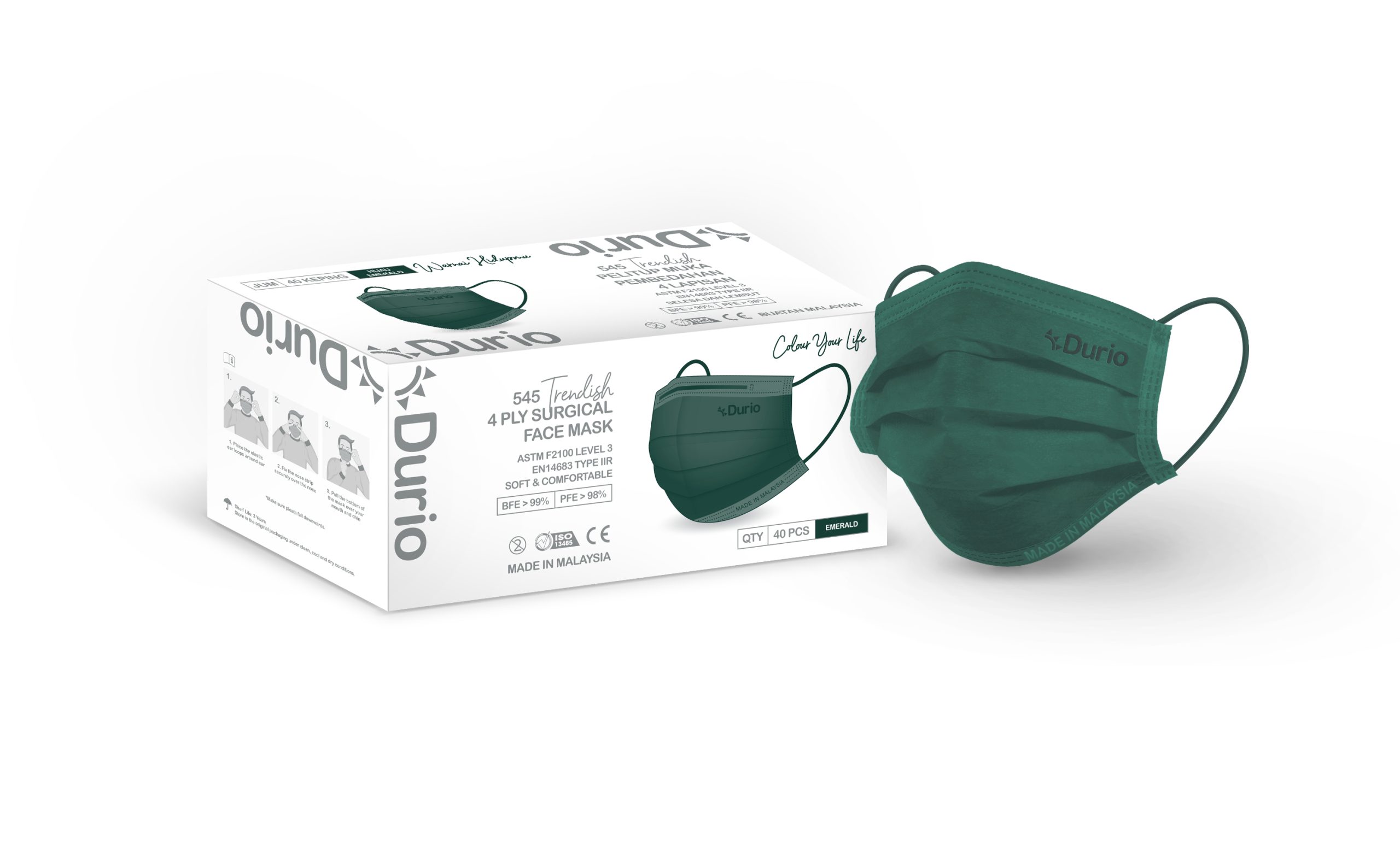 DURIO 545 TRENDISH 4PLY SURGICAL FACE MASK - EMERALD