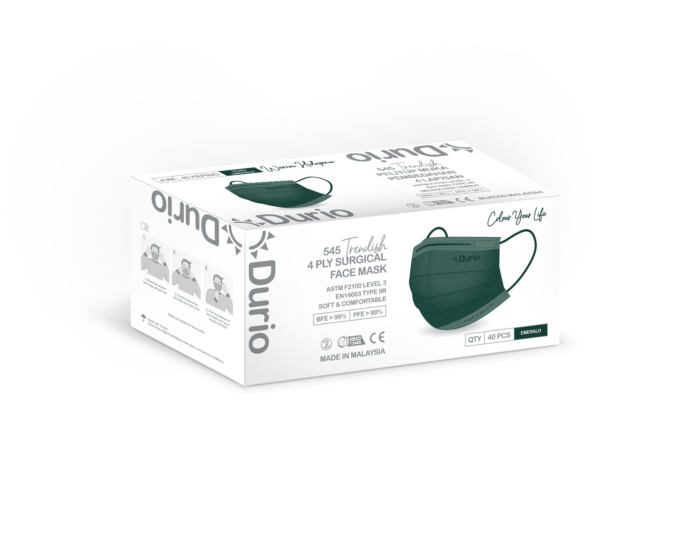 DURIO 545 TRENDISH 4PLY SURGICAL FACE MASK - EMERALD - Image 2