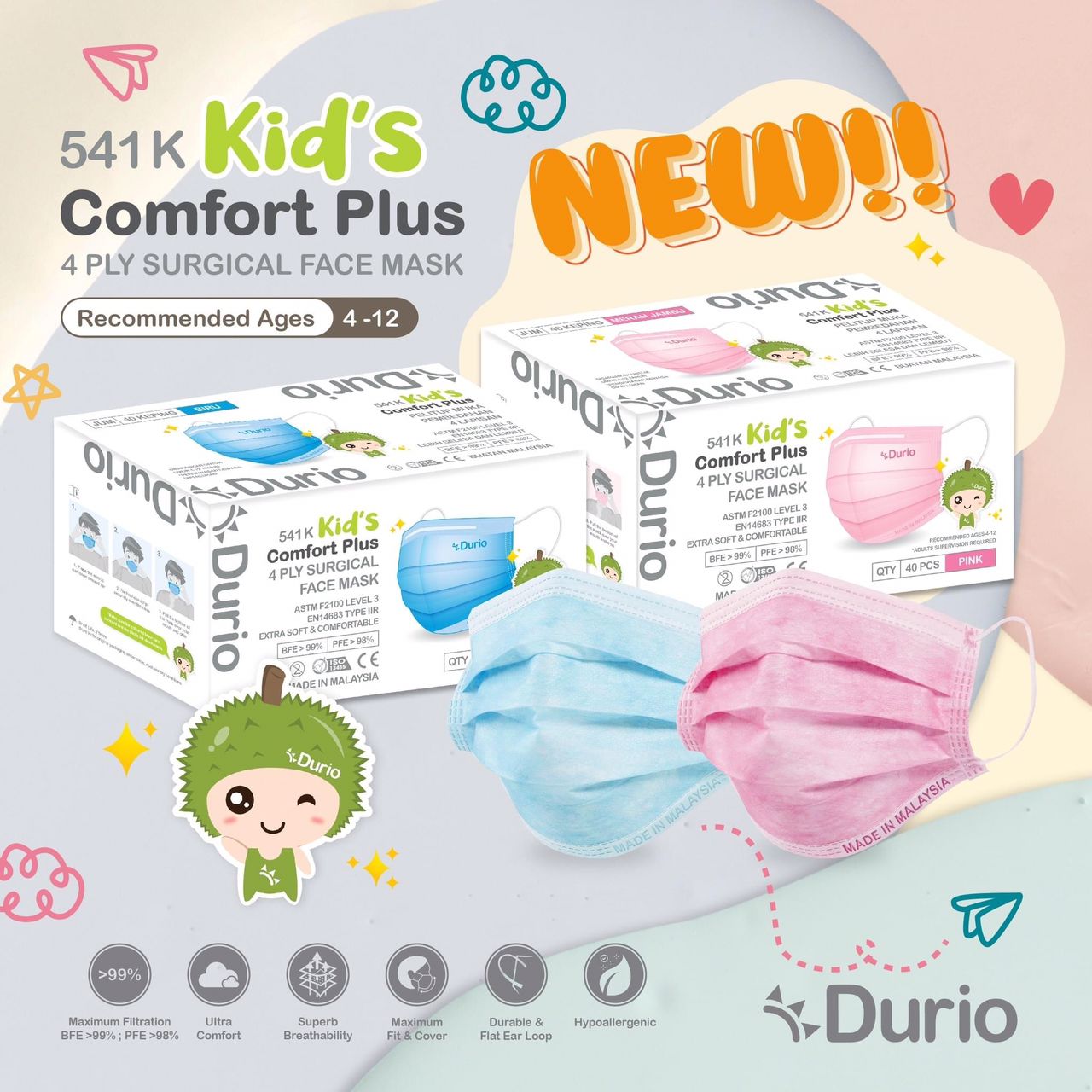 DURIO 541K KIDS COMFORT PLUS 4PLY SURGICAL FACE MASK - BLUE - Image 4